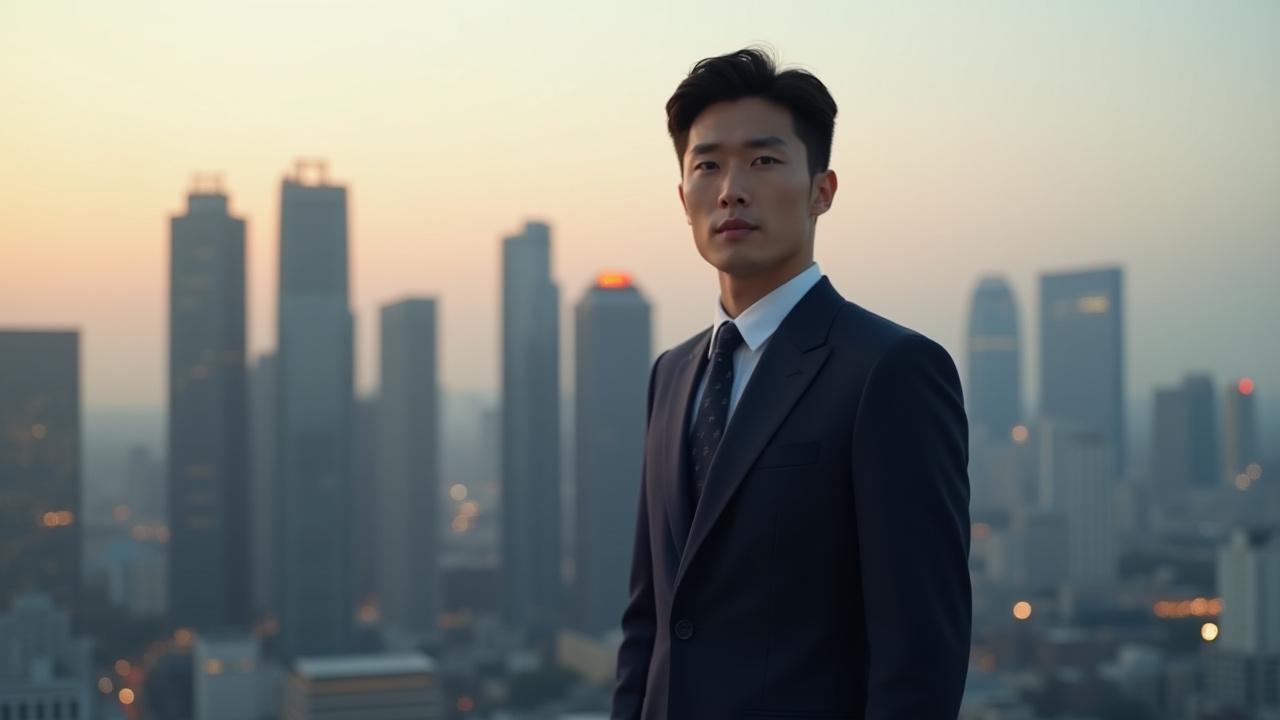 
      정교한 수트를 입은 모델이 현대적인 서울 도심을 배경으로 서 있는 모습
